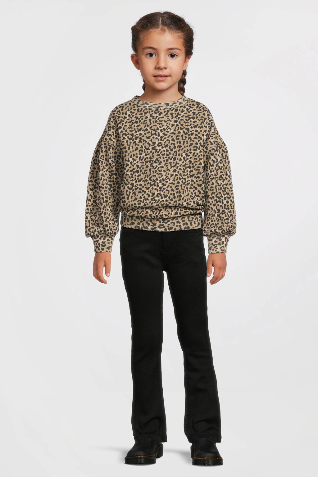 Black denim meisjes Anytime flared jeans van stretchdenim met rits- en knoopsluiting en effen