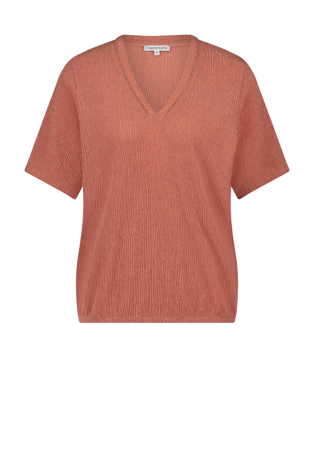 Koraalrode dames Tramontana top van polyester met effen, korte mouwen en V-hals