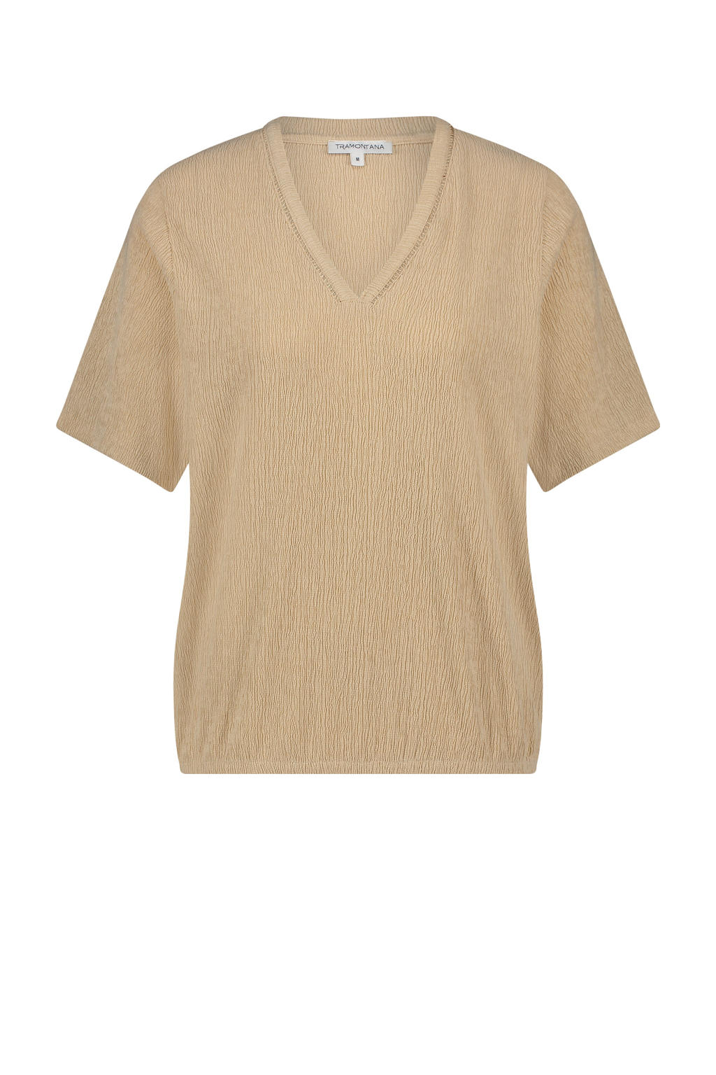 Zandkleurige dames Tramontana top van polyester met effen, korte mouwen en V-hals