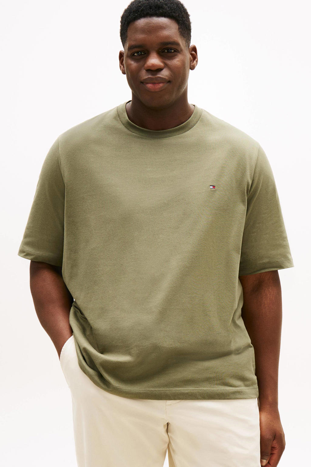 Groene heren Tommy Hilfiger Big & Tall regular T-shirt van katoen met effen, korte mouwen en ronde hals