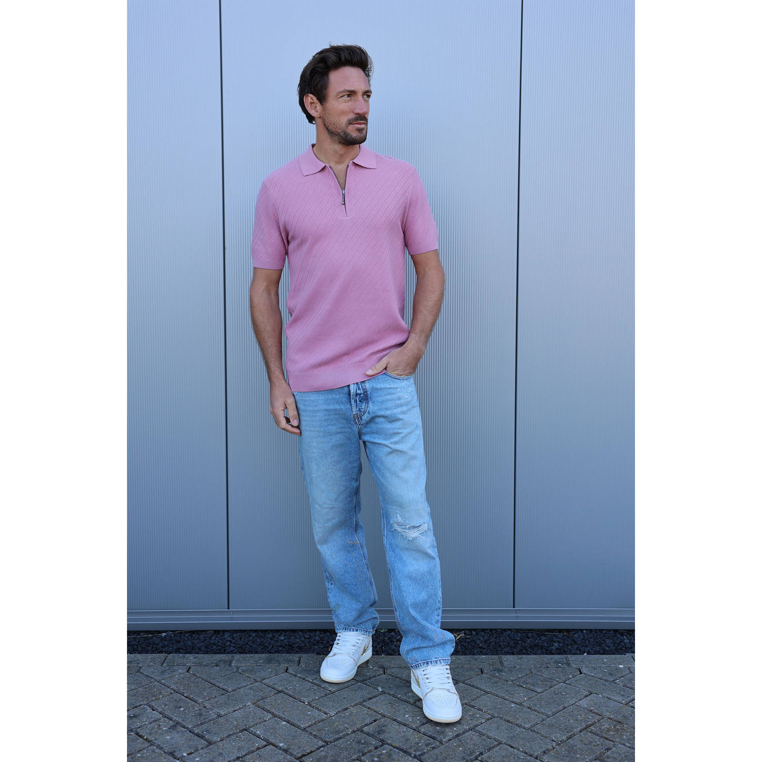Kultivate regular polo gebreid roze