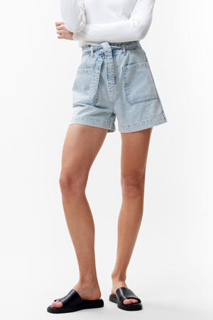 denim straight high waist short light blue denim