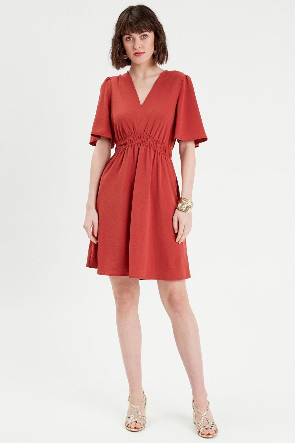 Terracottakleurige dames Cache Cache jurk van polyester met effen, korte mouwen, V-hals en plooien