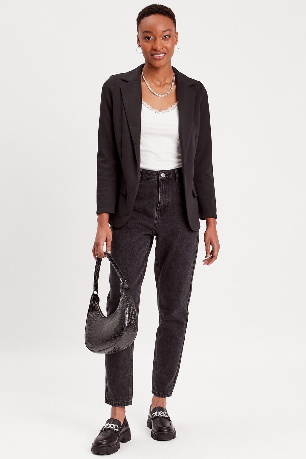 Zwarte dames Cache Cache getailleerde blazer van polyester met effen, lange mouwen en reverskraag