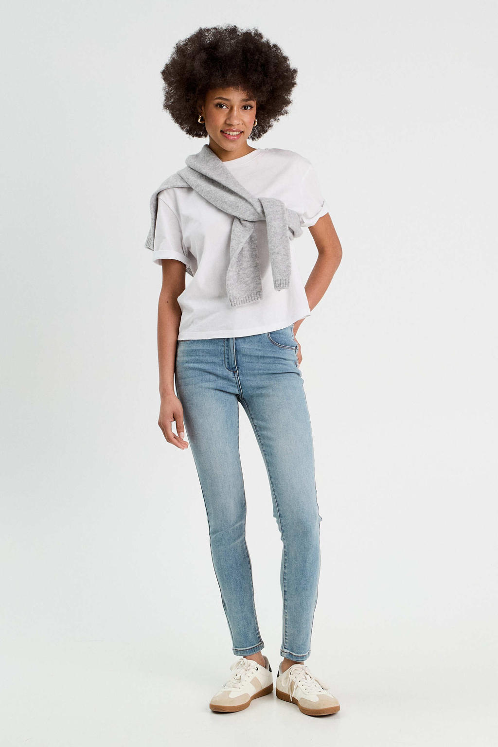 Light blue denim dames Cache Cache skinny jeans van denim met regular waist, rits- en knoopsluiting en effen
