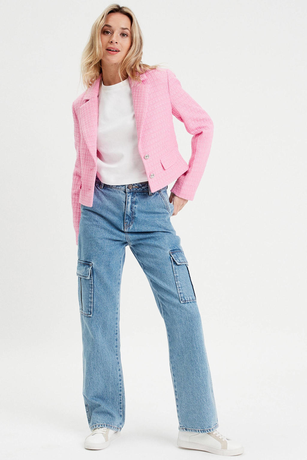 Lichtroze dames Cache Cache cropped blazer van tweed met effen, lange mouwen, button down sluiting en knoopsluiting
