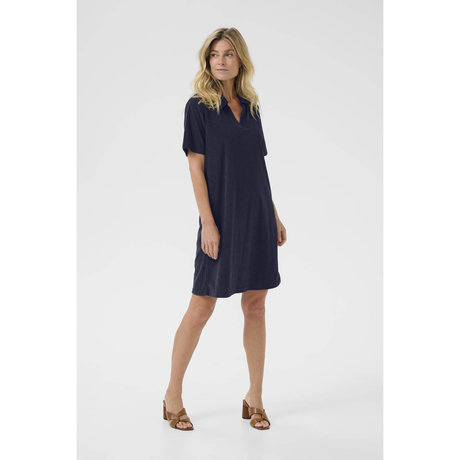Cream zomerjurk fijn gebreid donkerblauw