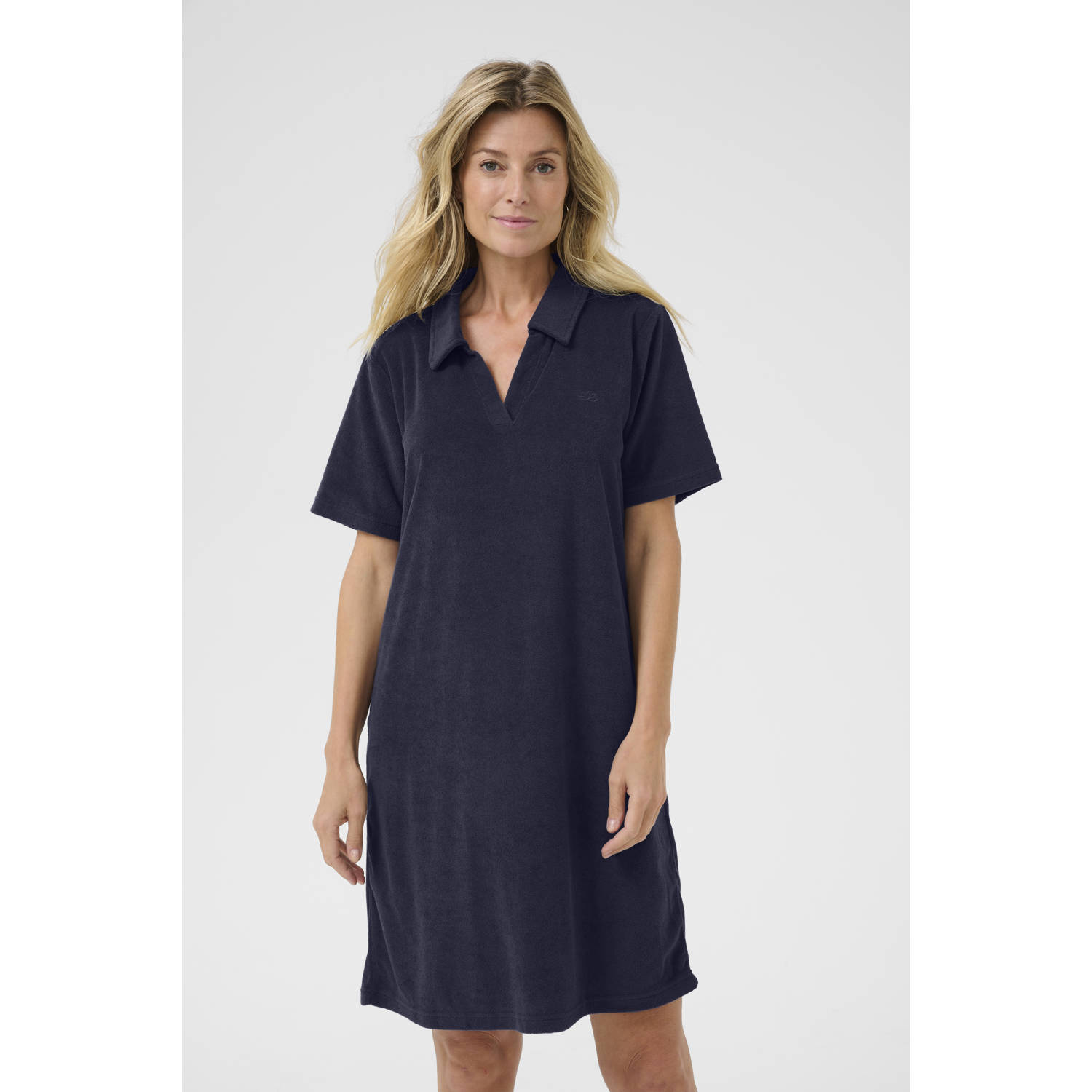 Cream zomerjurk fijn gebreid donkerblauw