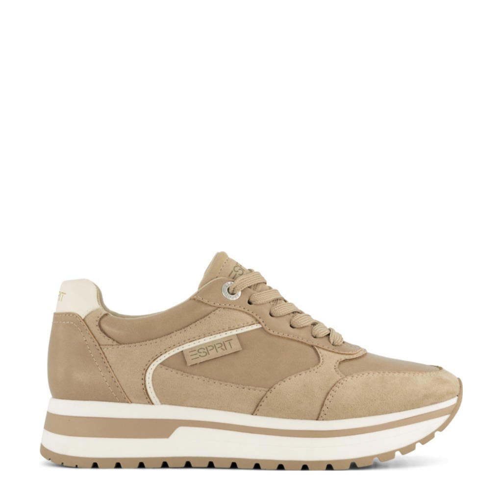 Beige dames ESPRIT sneakers van textiel en imitatieleer met veters