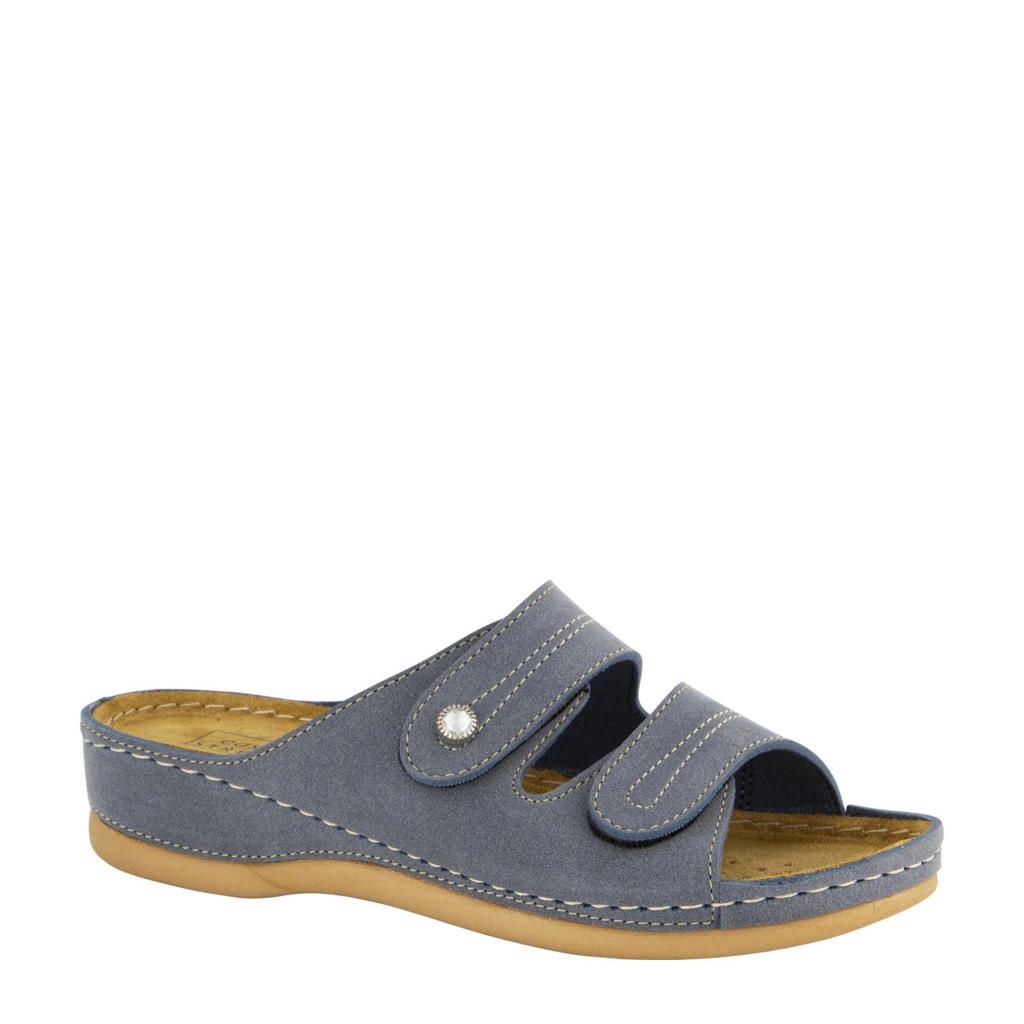 Lichtblauwe dames Easy Street slippers van imitatieleer met klittenband