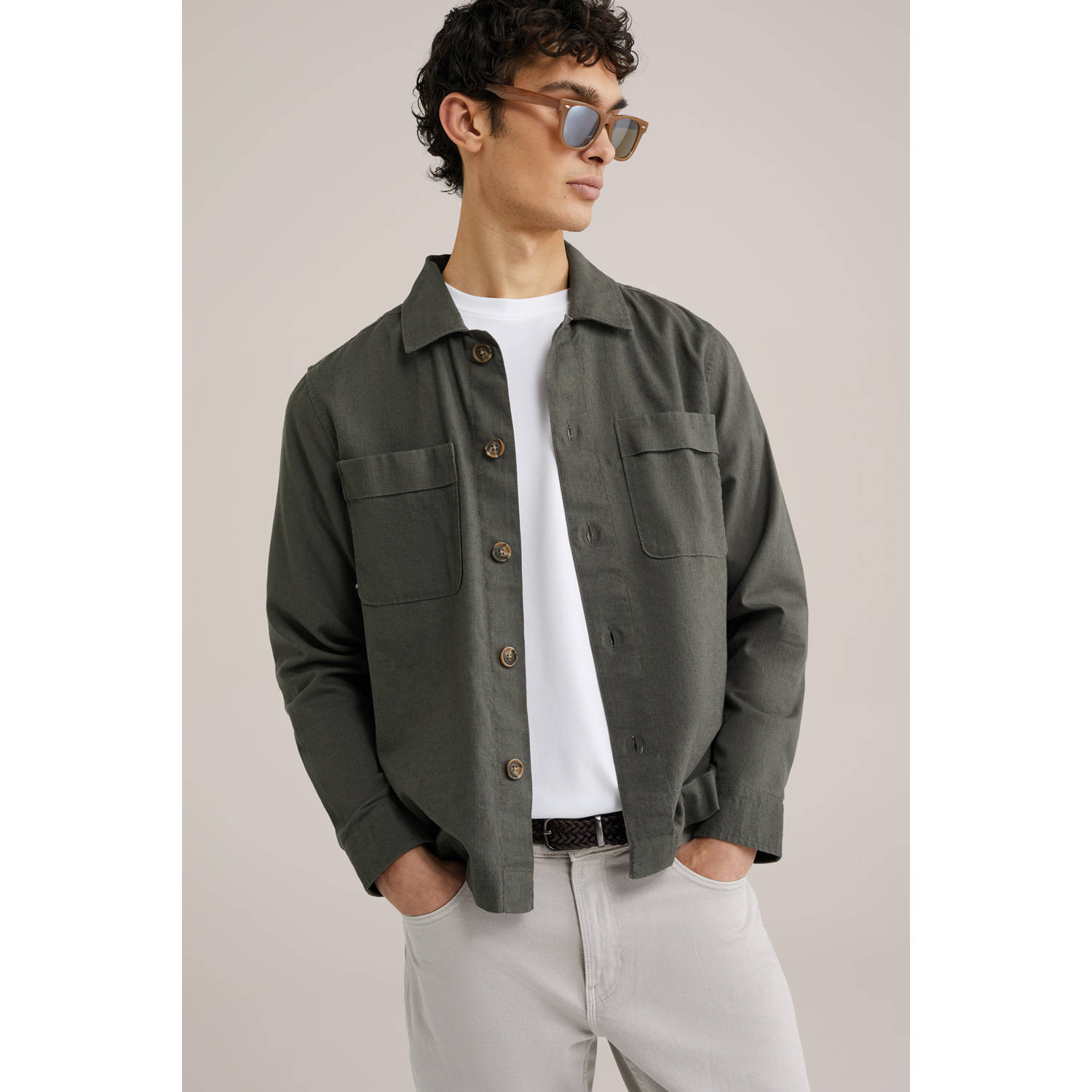 WE Fashion linnen overshirt donkergroen
