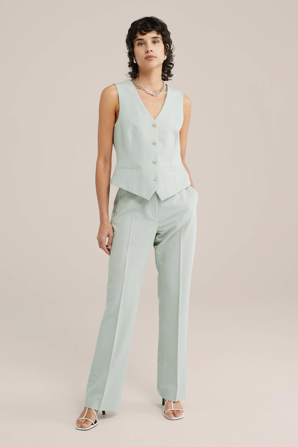 Mintgroene dames WE Fashion flared pantalon van polyester met regular waist, rits- en haaksluiting en effen