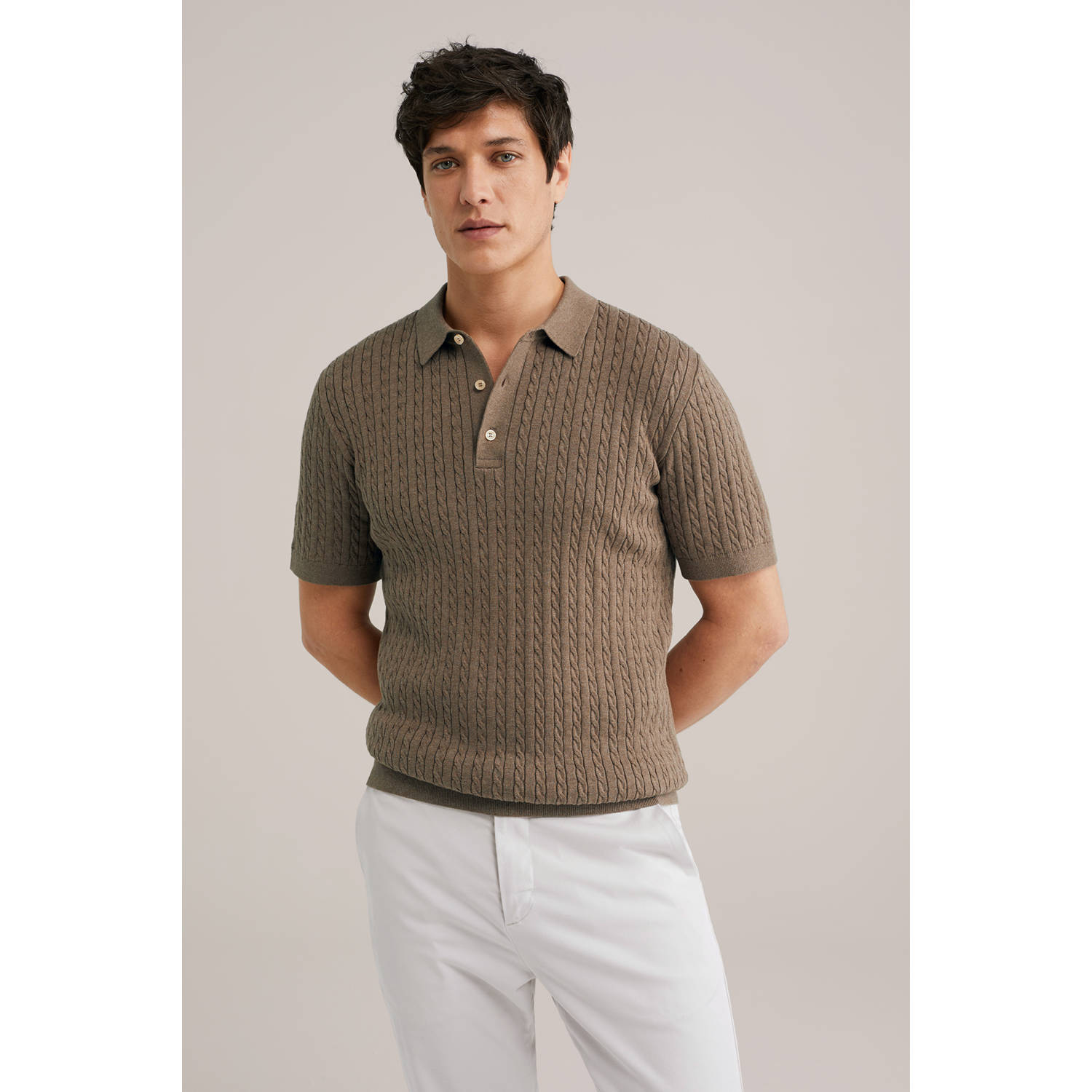 WE Fashion regular polo fijn gebreid bruin