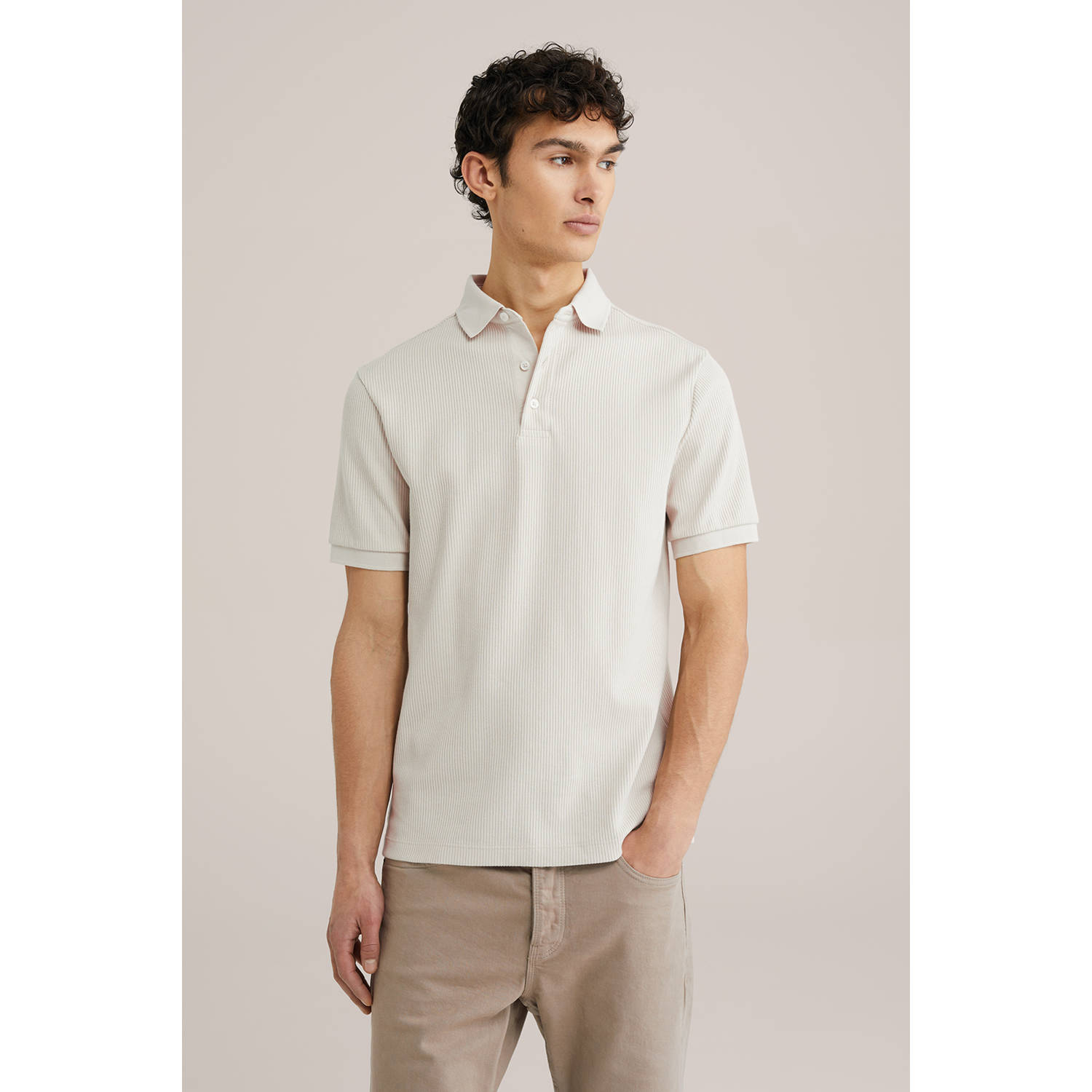 WE Fashion slim polo rib gebreid beige