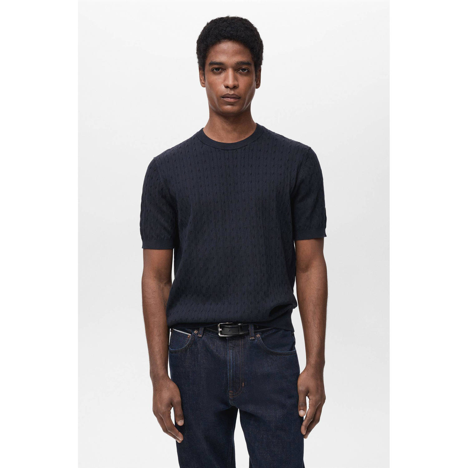 Mango Man T-shirt gebreid donkerblauw
