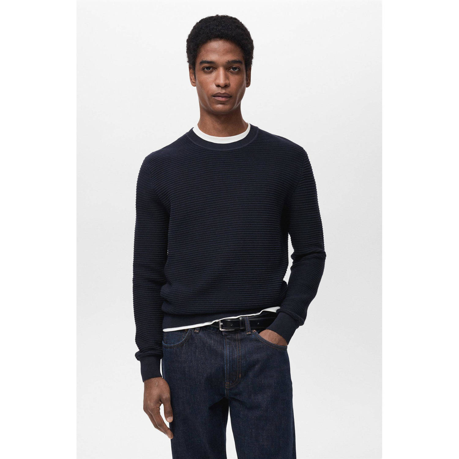 Mango Man trui met ingebreid patroon donkerblauw