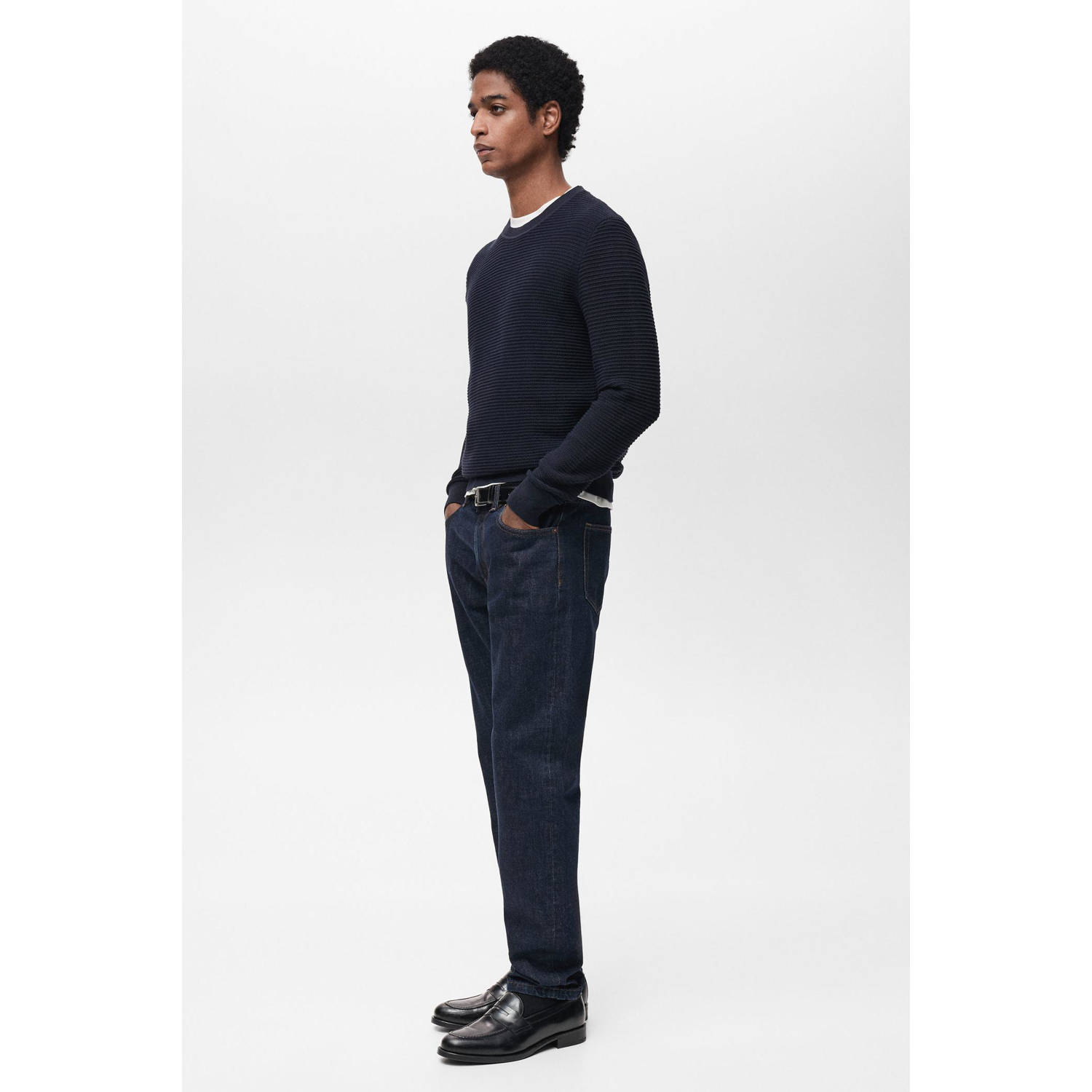 Mango Man trui met ingebreid patroon donkerblauw