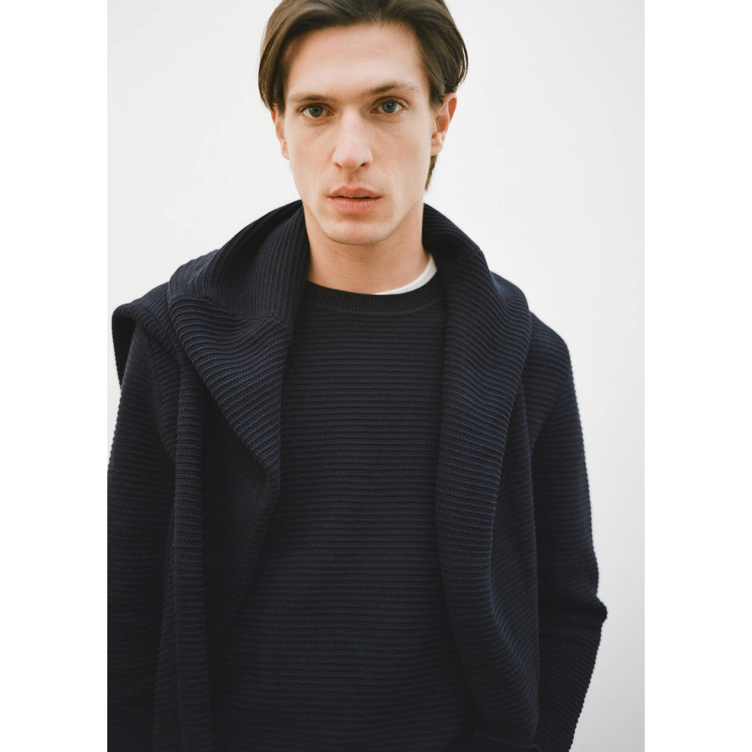 Mango Man trui met ingebreid patroon donkerblauw