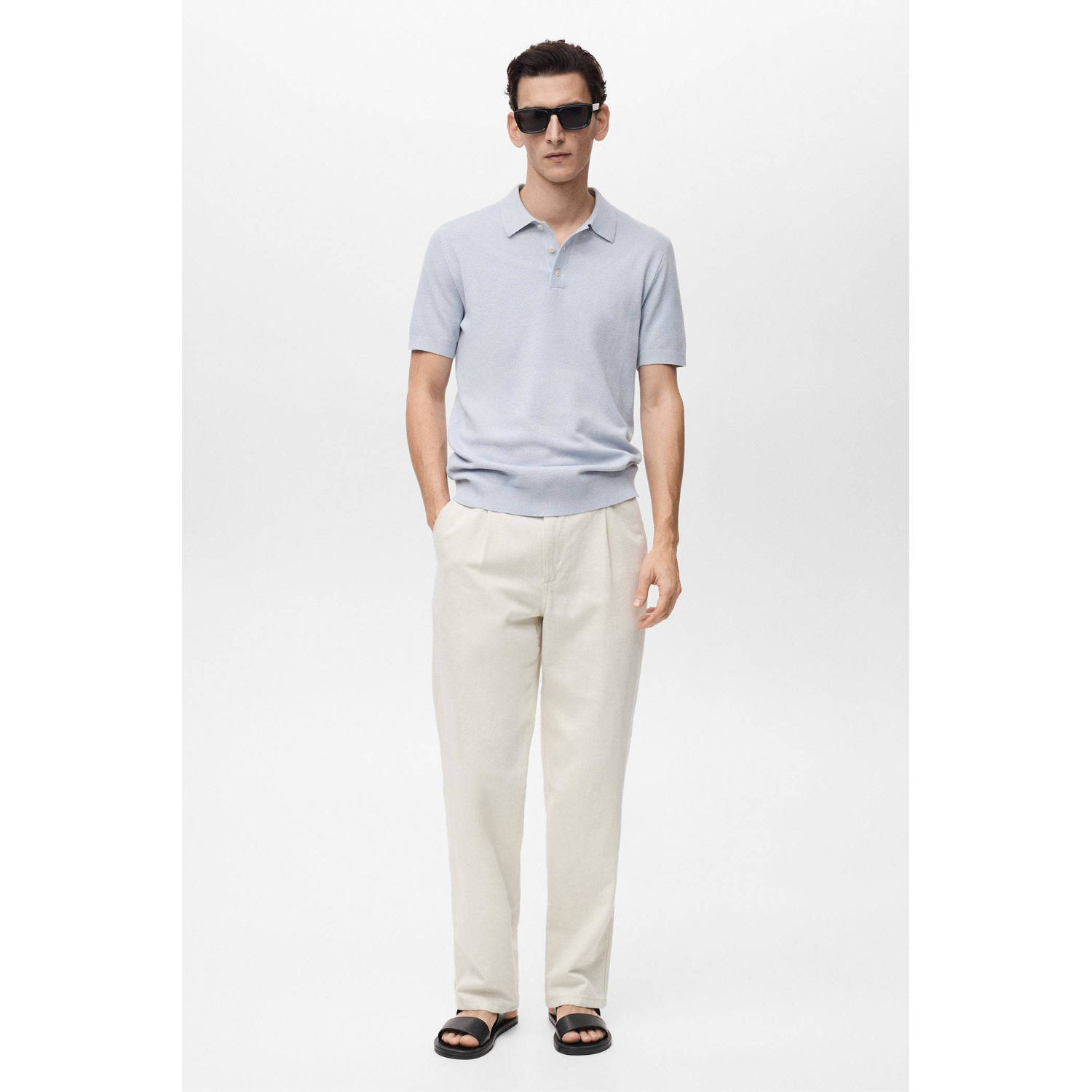 Mango Man slim polo fijn gebreid lichtblauw