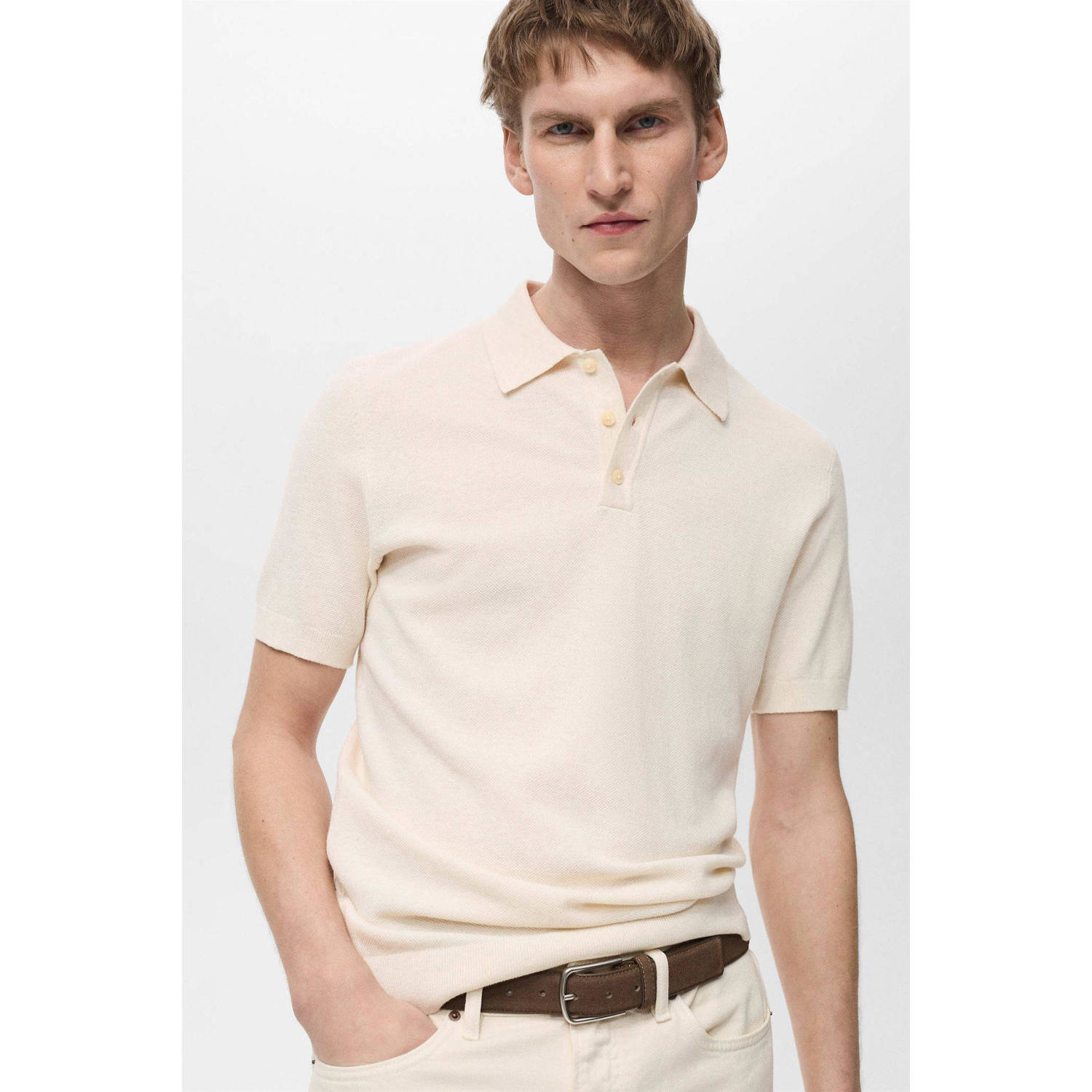 Mango Man slim polo fijn gebreid ecru