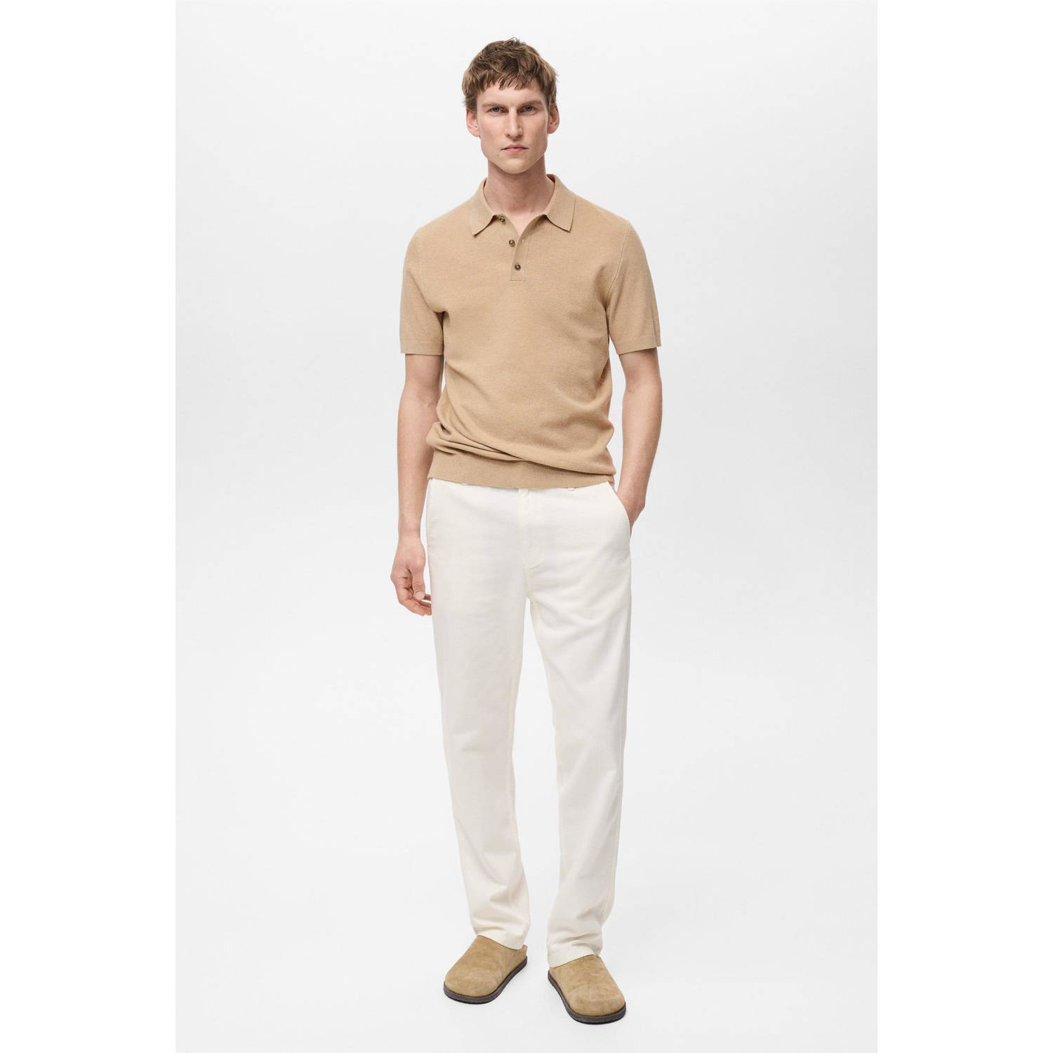 Mango Man slim polo fijn gebreid beige