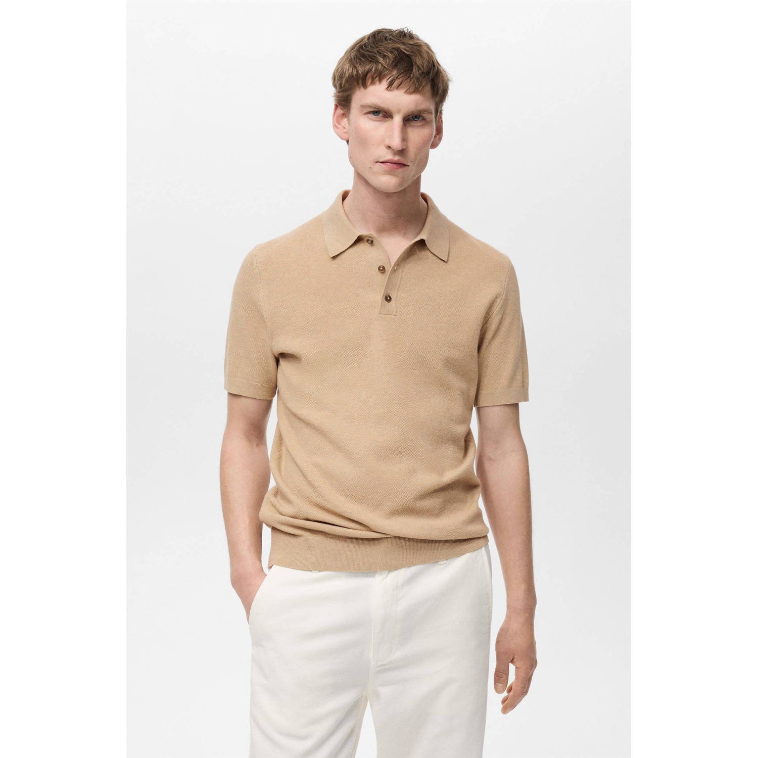 Mango Man polo fijn gebreid beige