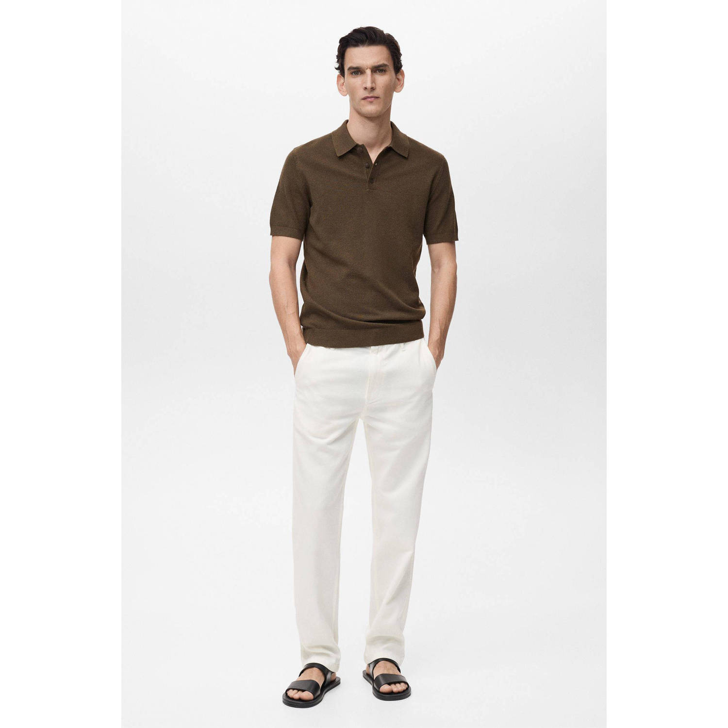 Mango Man slim polo fijn gebreid bruin