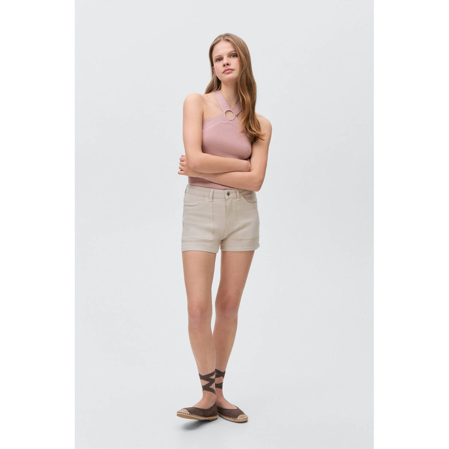 MANGO TEEN haltertop lichtroze rib gebreid