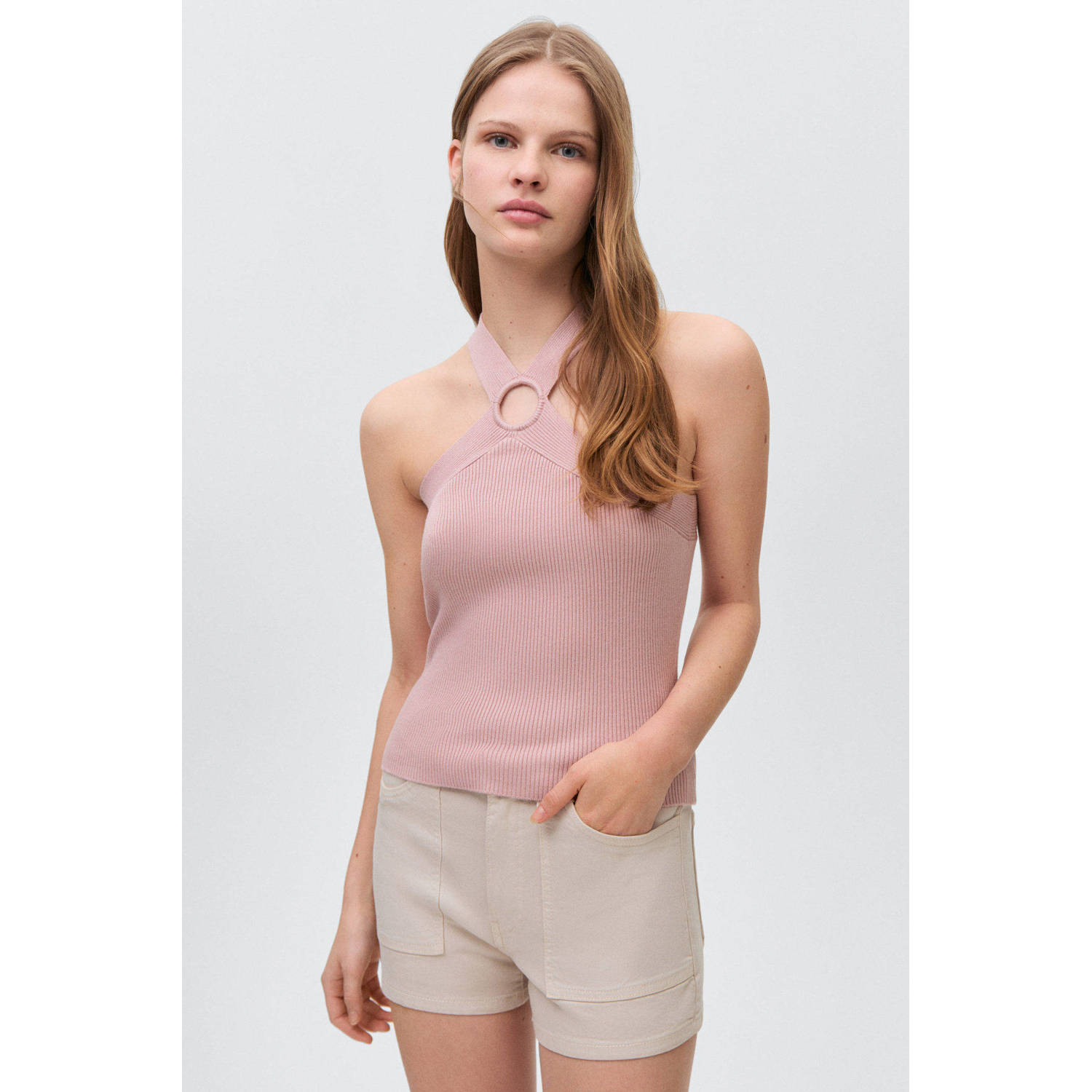 MANGO TEEN haltertop lichtroze rib gebreid