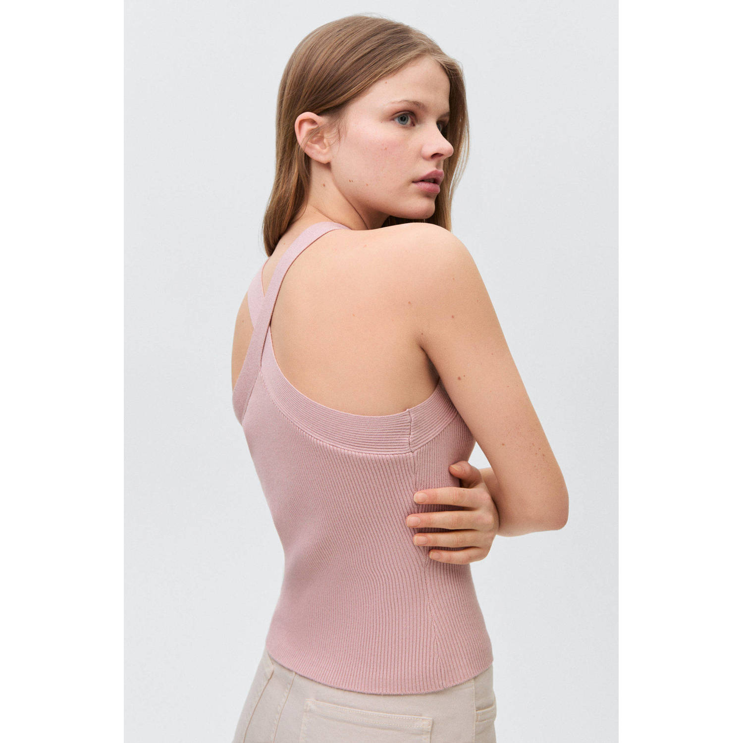 MANGO TEEN haltertop lichtroze rib gebreid