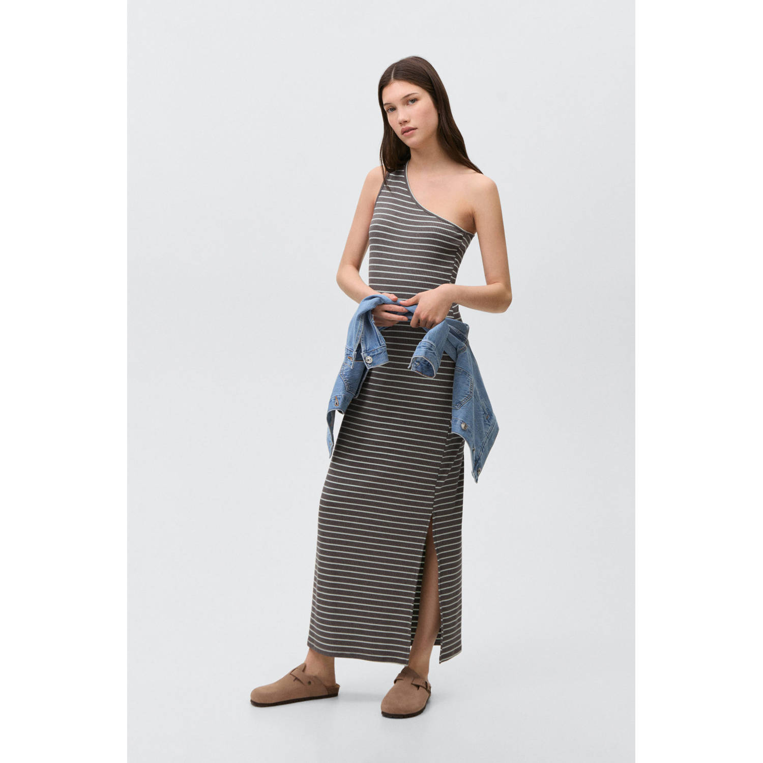 MANGO TEEN maxi jurk rib gebreid grijs