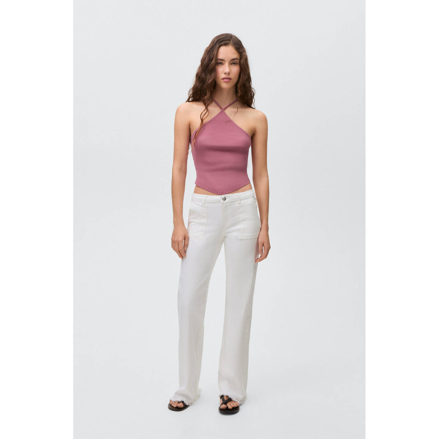 MANGO TEEN haltertop oudroze rib gebreid
