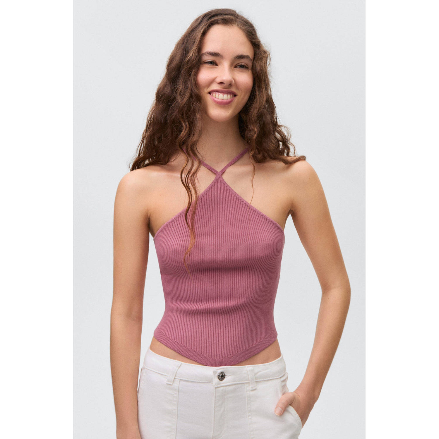 MANGO TEEN haltertop oudroze rib gebreid