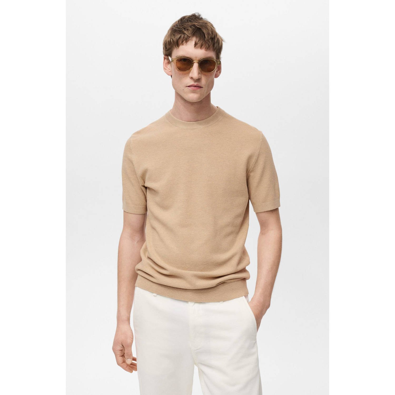Mango Man T-shirt fijn gebreid beige