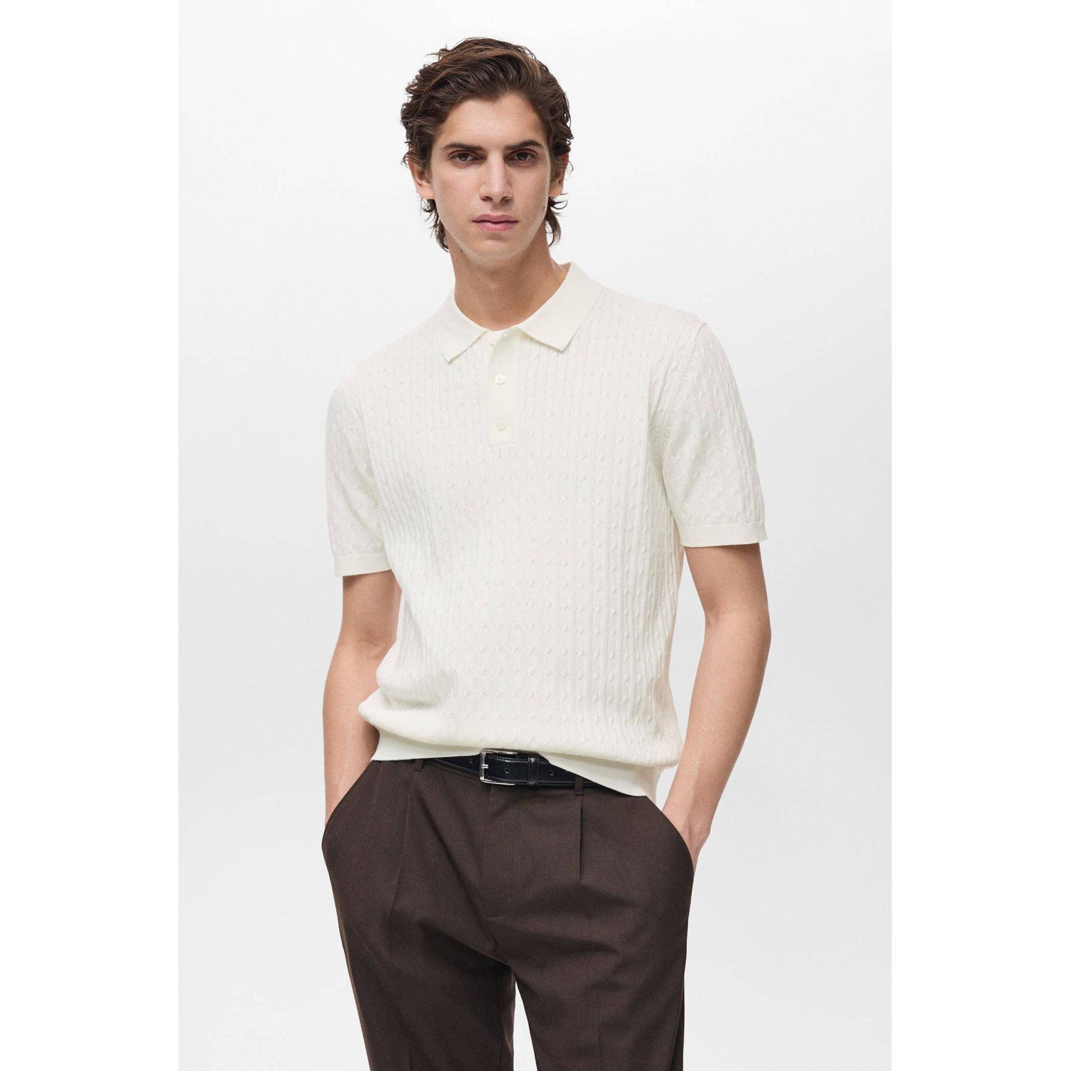 Mango Man polo gebreid ecru