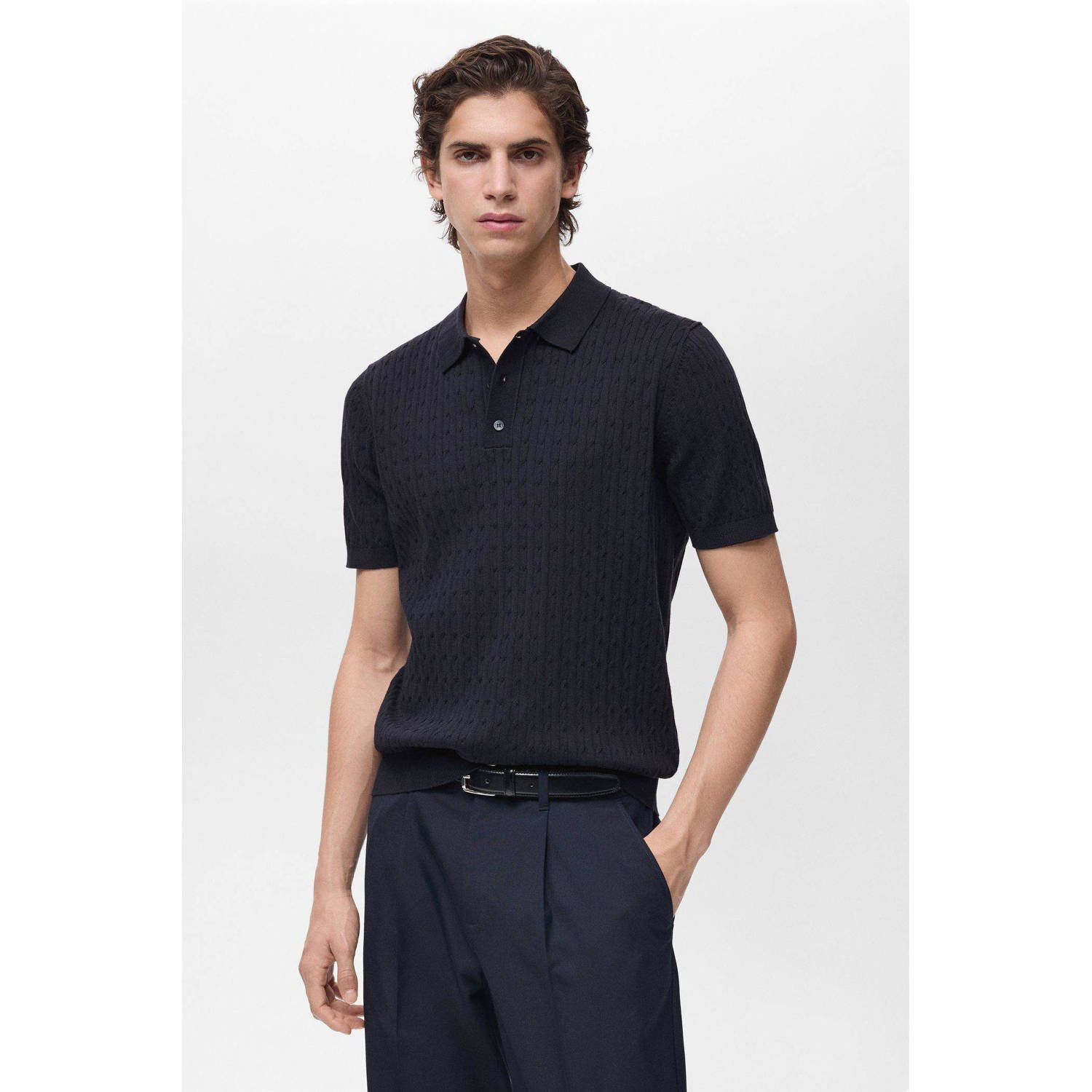 Mango Man polo gebreid donkerblauw