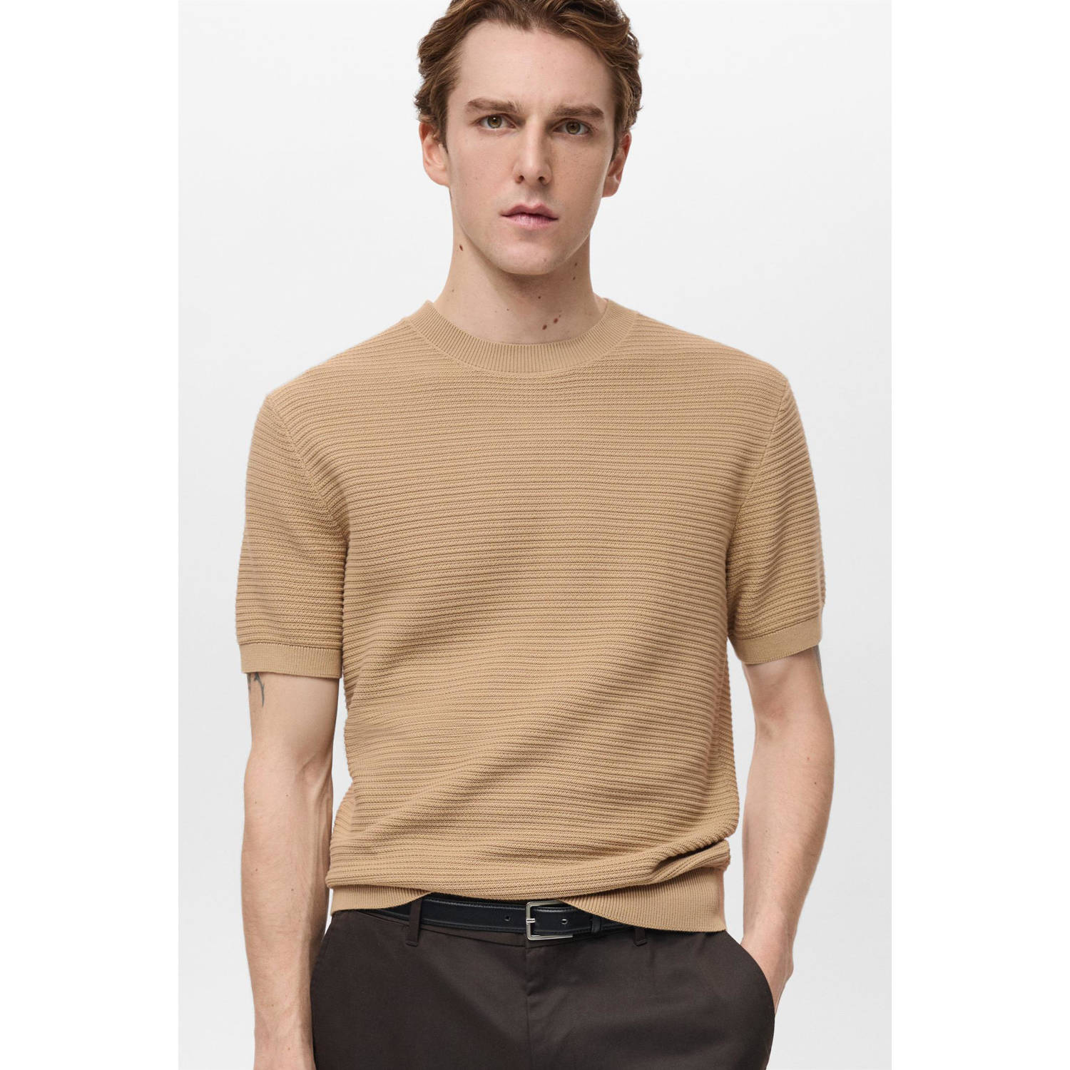 Mango Man T-shirt gebreid lichtbruin