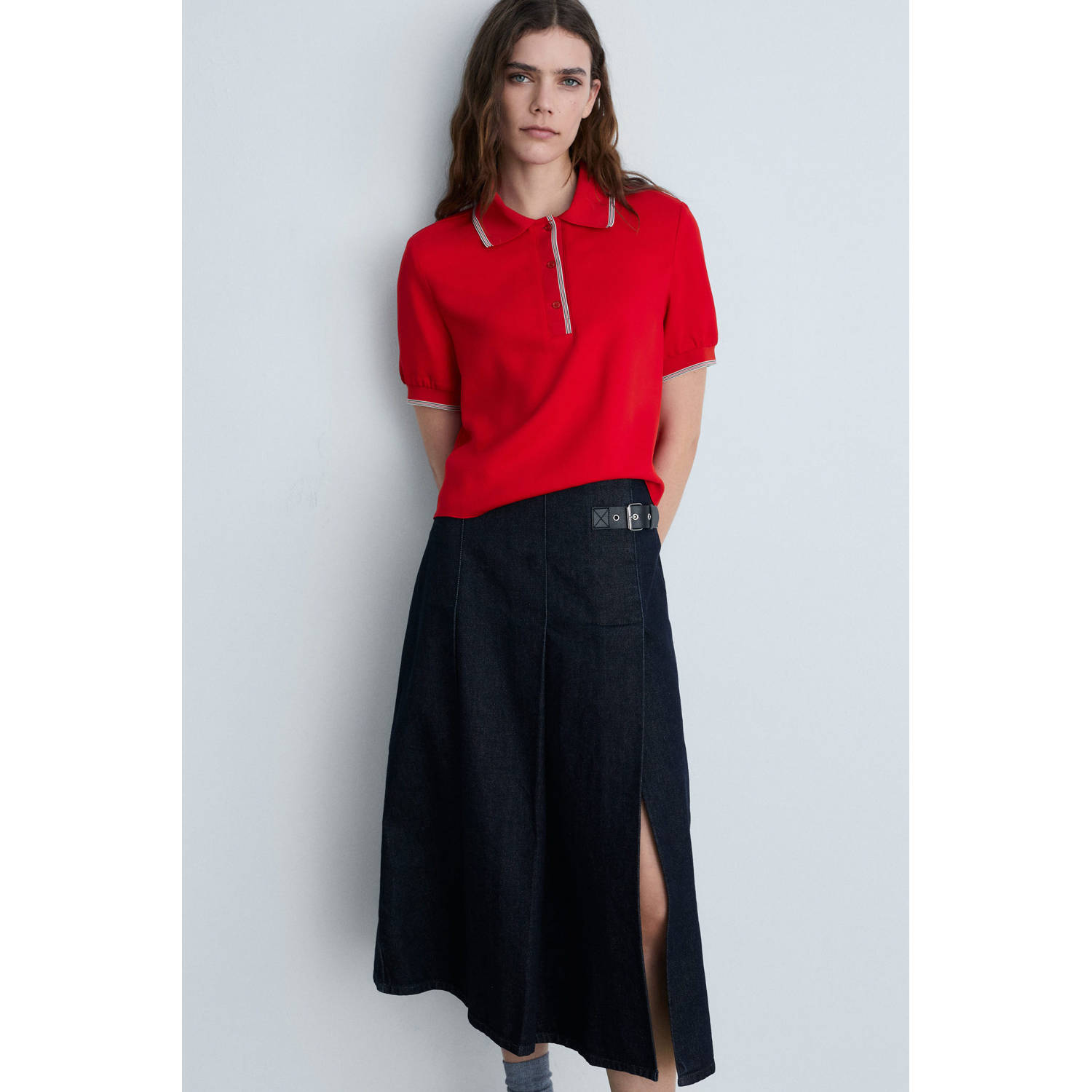 Mango polo rood fijn gebreid