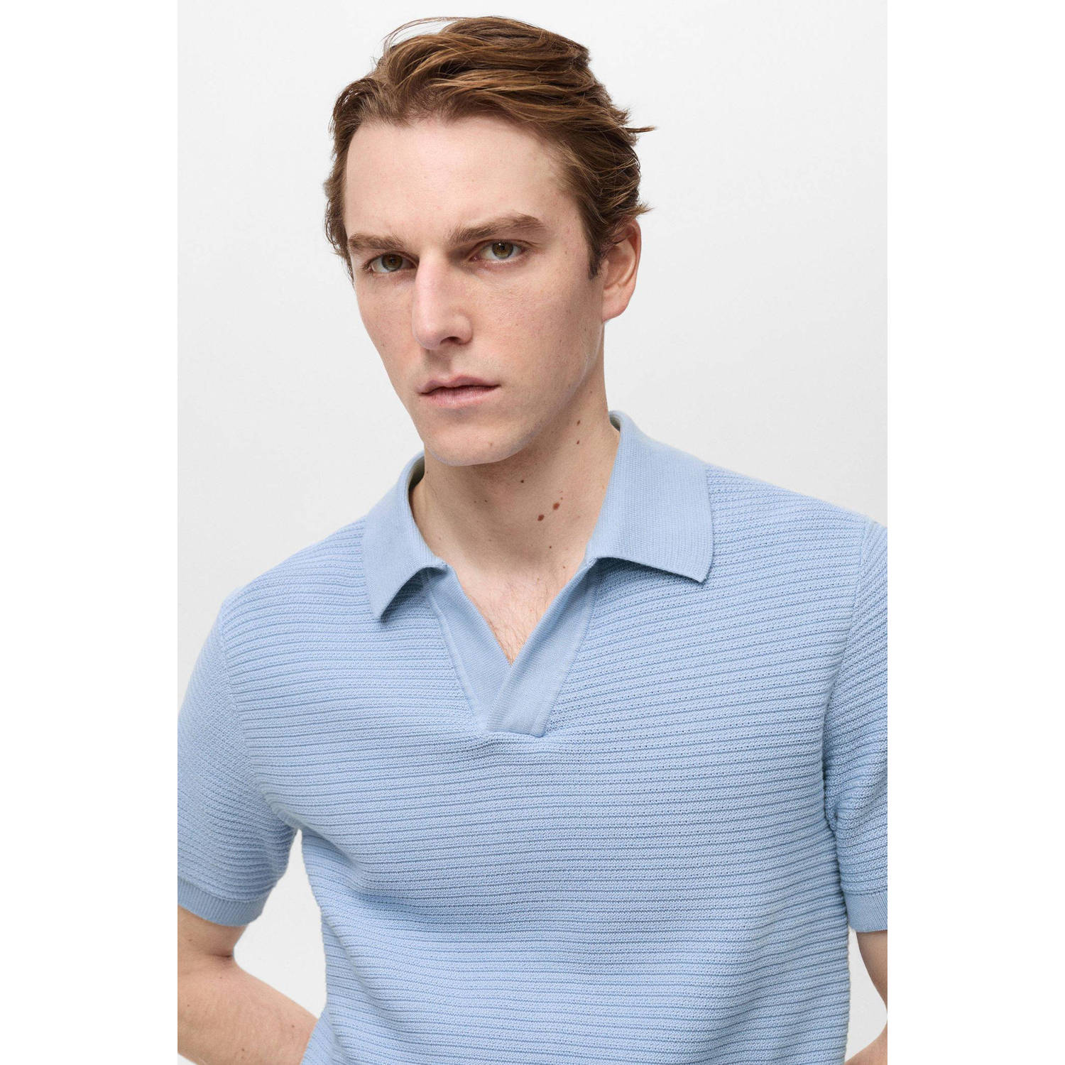 Mango Man regular polo gebreid lichtblauw