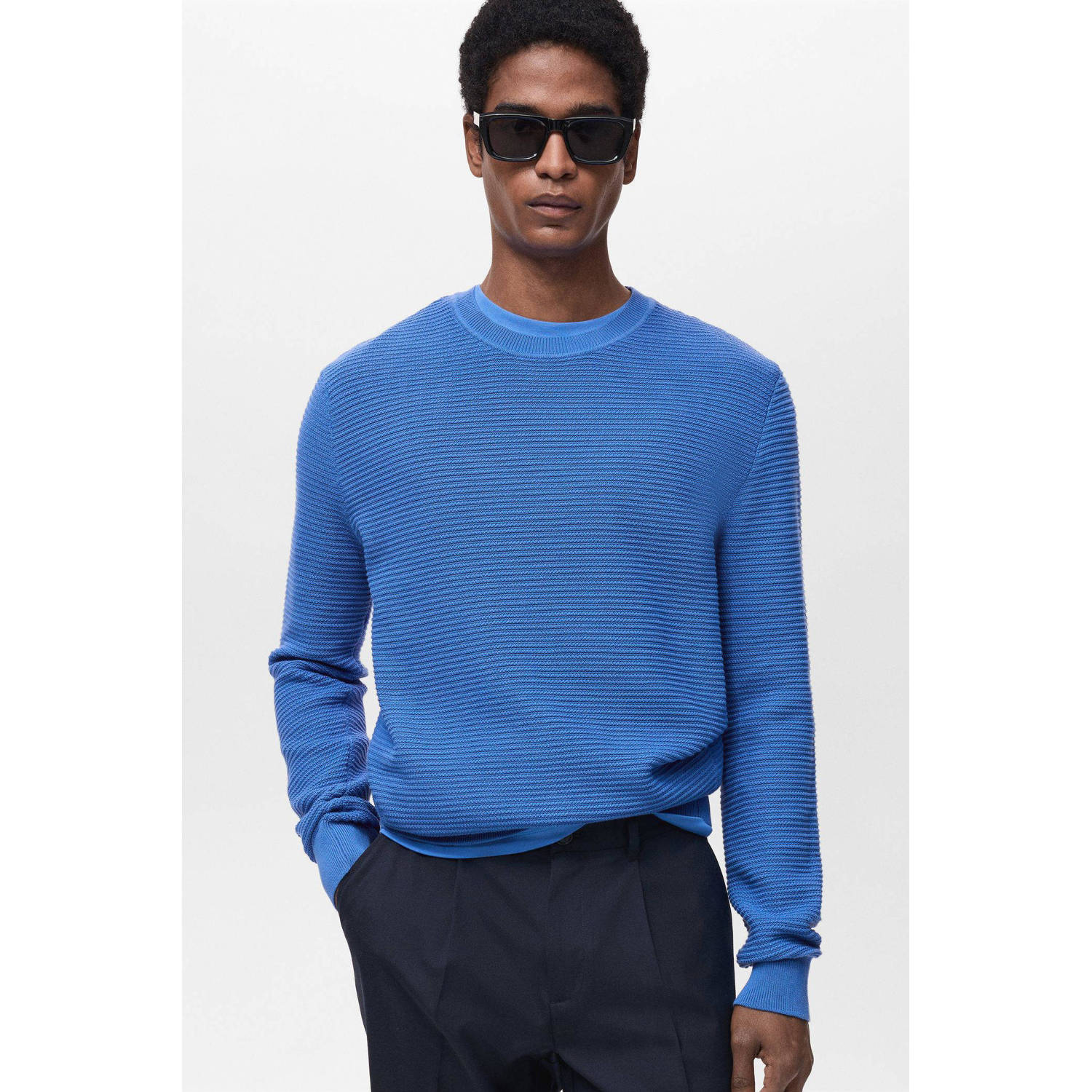 Mango Man trui met ingebreid patroon blauw