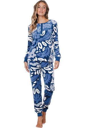 fluwelen pyjama donkerblauw/wit/grijs