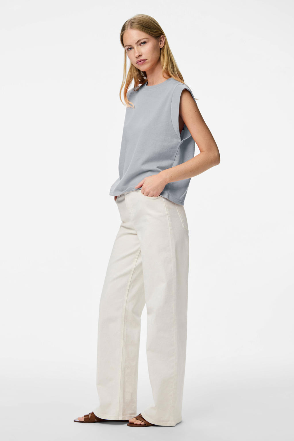 Grijze dames PIECES top met melée print, korte mouwen en ronde hals
