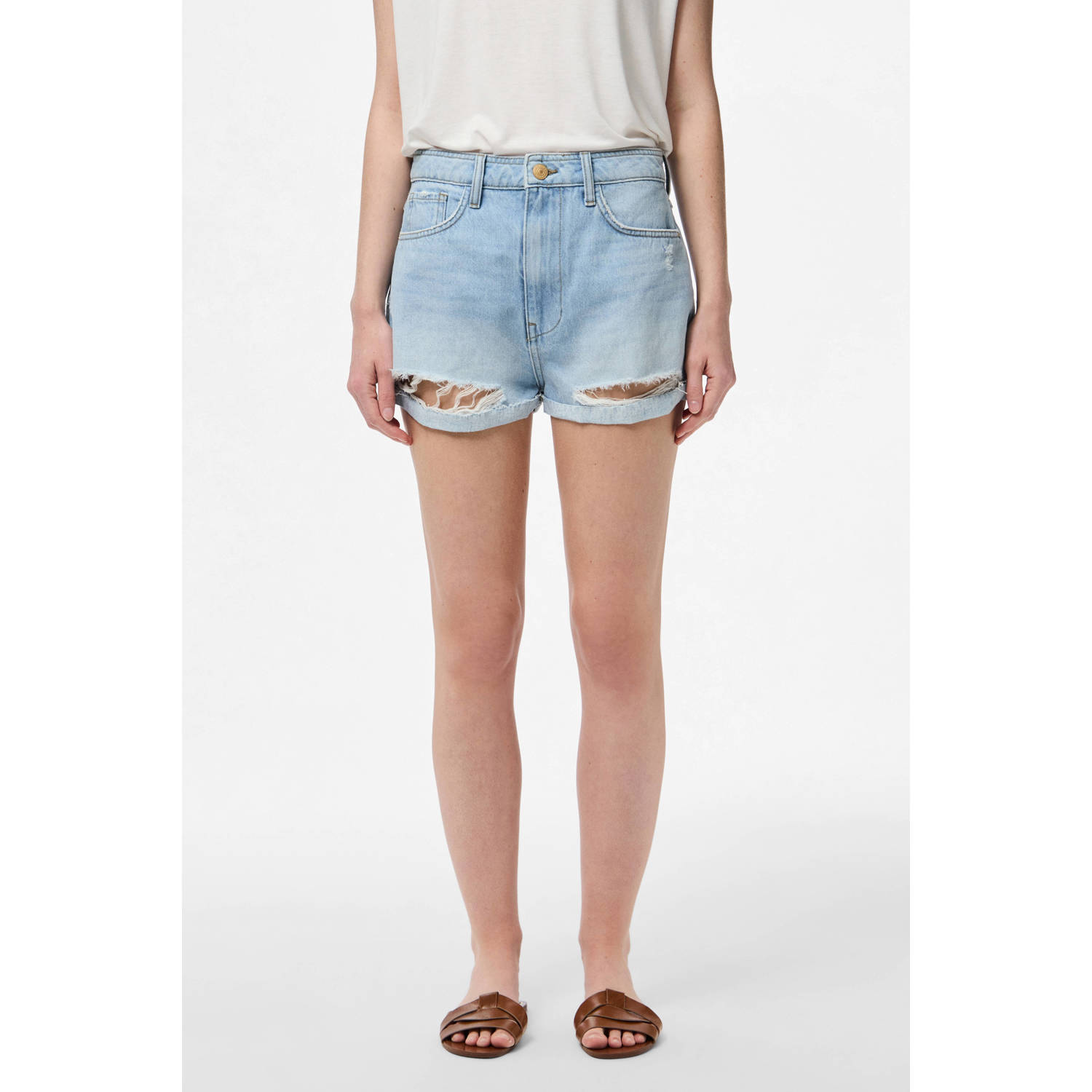 PIECES slim regular waist denim short light blue denim