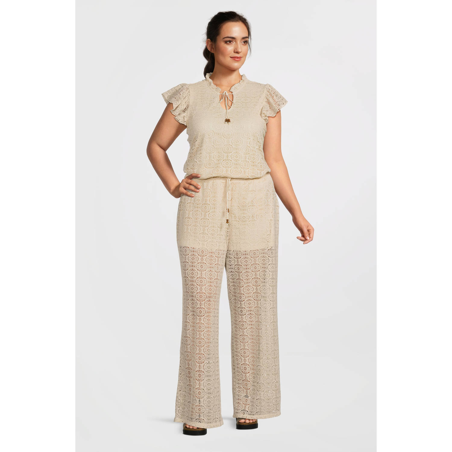 VERO MODA CURVE wide leg regular waist casual broek ecru crochet