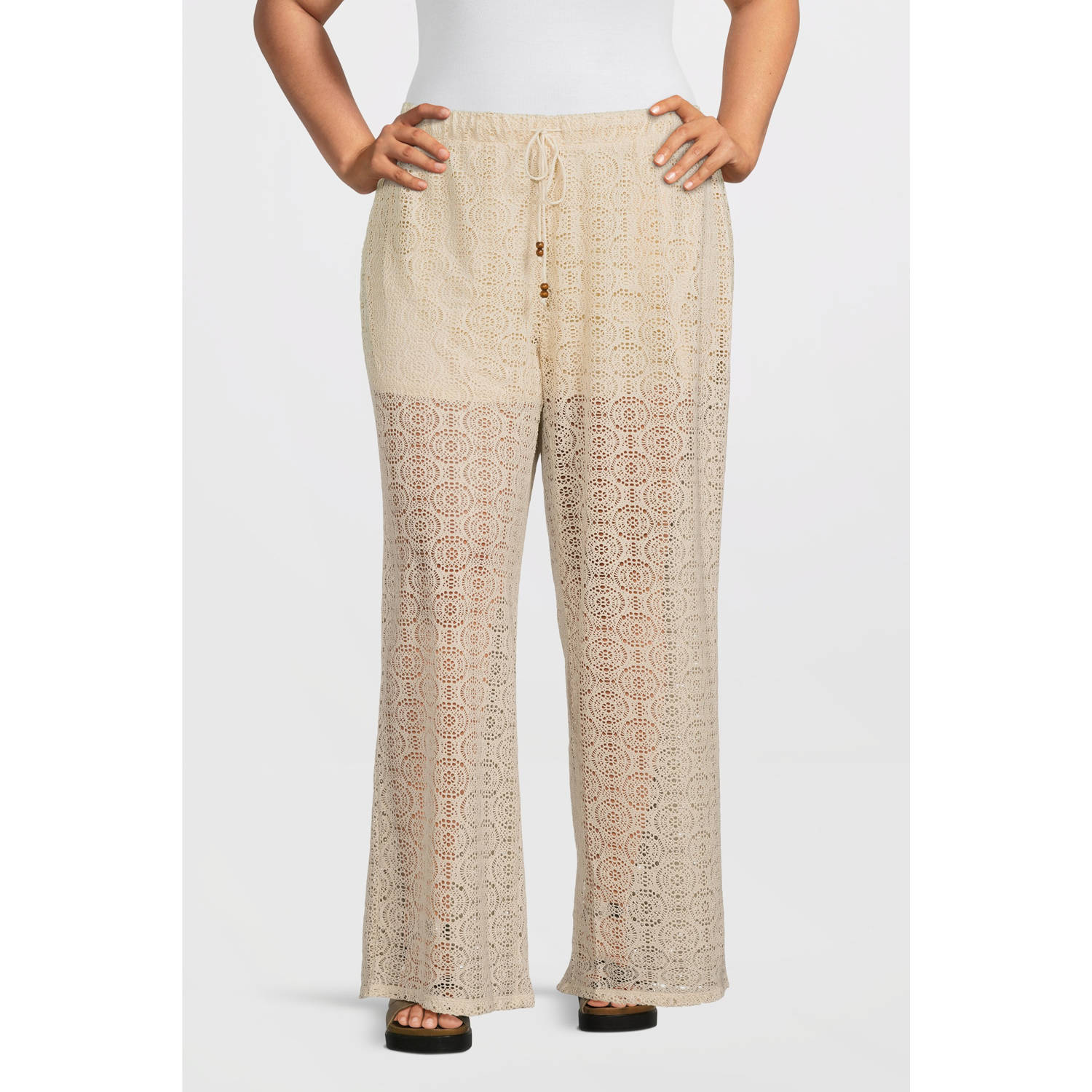 VERO MODA CURVE wide leg regular waist casual broek ecru crochet