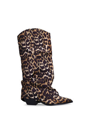   cowboylaarzen met flap en panterprint cognac/zwart