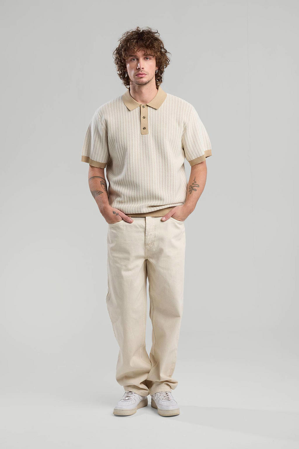 Beige heren America Today casual overhemd patroon met effen, korte mouwen, klassieke kraag en knoopsluiting