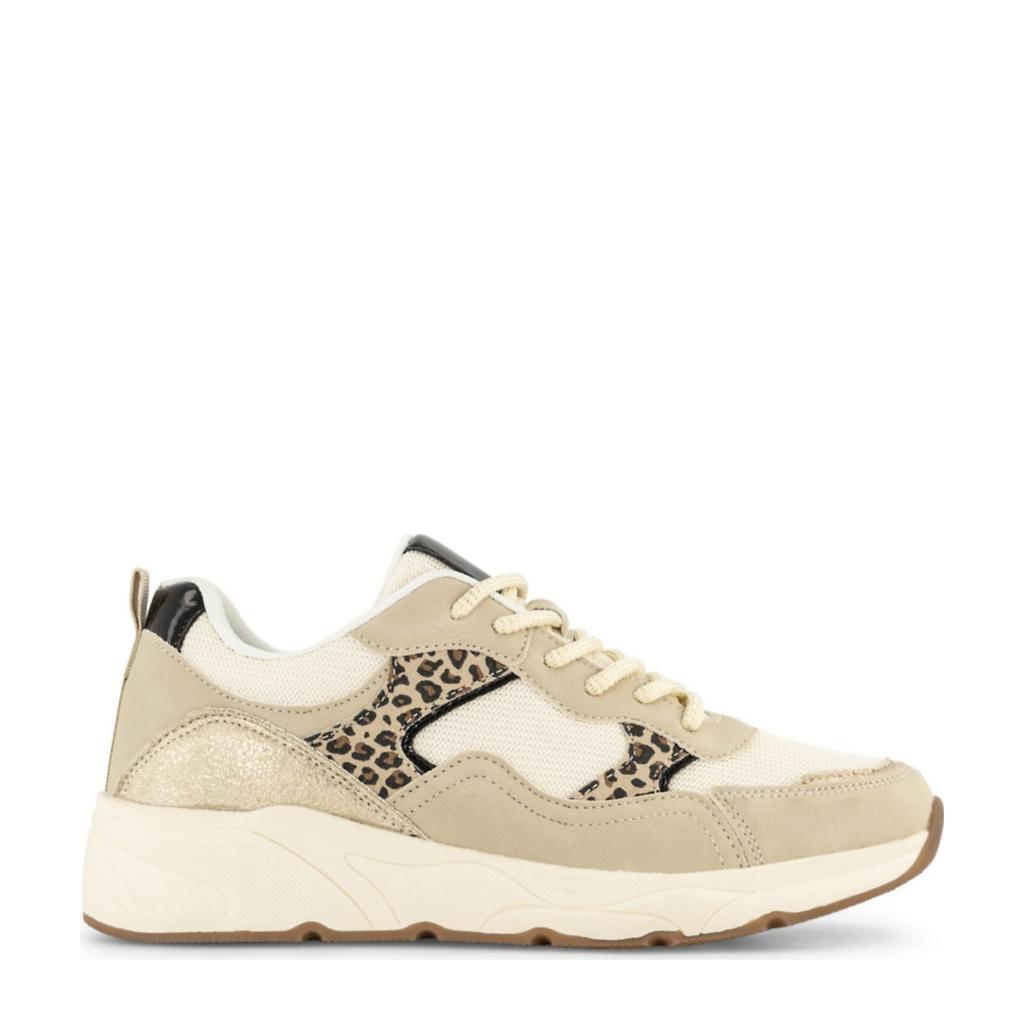 Beige dames Graceland chunky sneakers panter van imitatieleer en textiel met veters