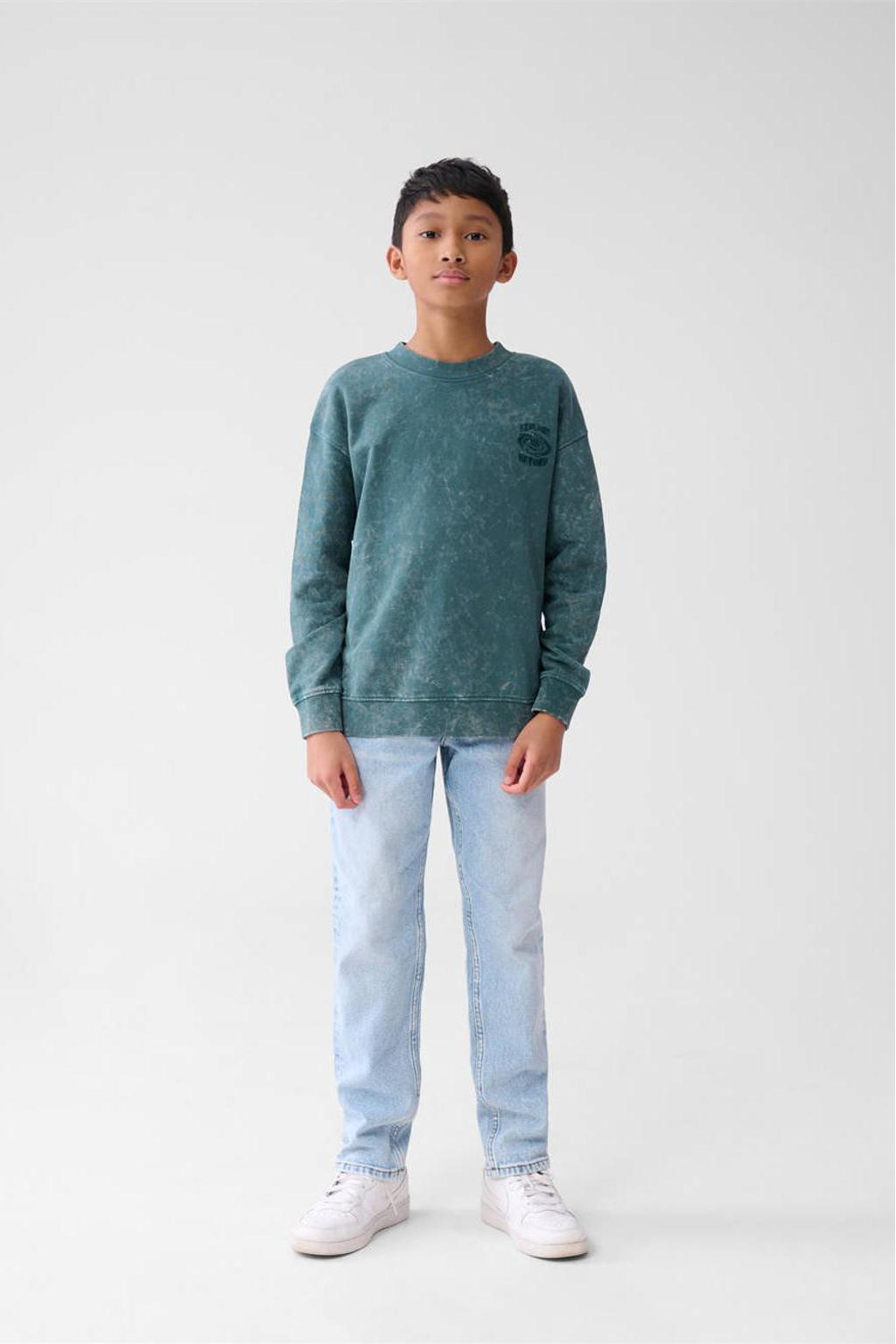 Blauwe jongens Shoeby sweater van katoen met melée print, lange mouwen en ronde hals