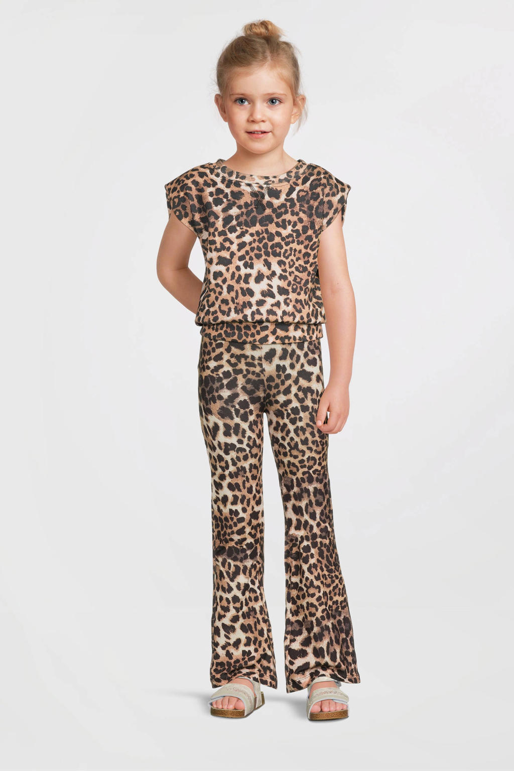 Bruin en zwarte meisjes Anytime flared broek van polyester met elastische tailleband en dierenprint